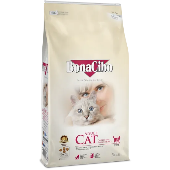 BonaCibo Chicken & Anchovy Adult Cat - Пълноценна храна за израснали котки с пилешко,аншоа ориз 5 кг