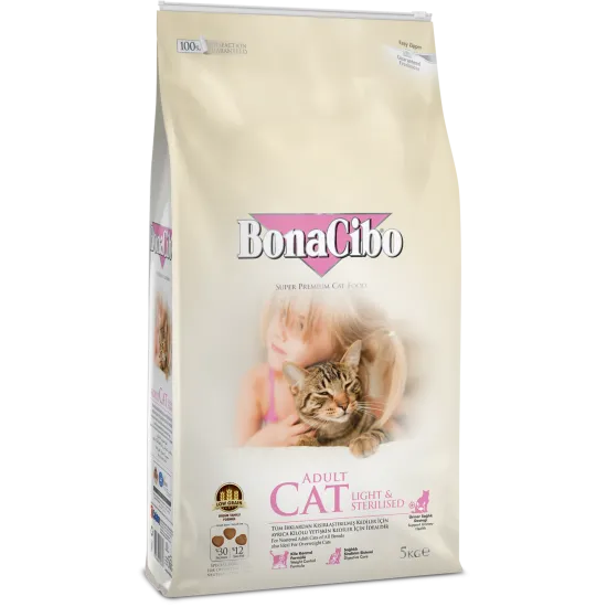 BonaCibo Light & Sterilised Adult Cat - Пълноценна храна за израснали кастрирани котки с наднормено тегло 5 кг